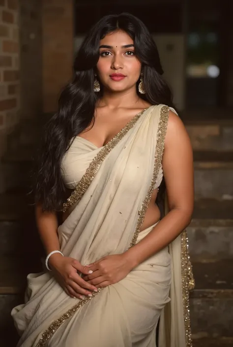 an Indian girl sitting on staircase, (wearing strapless off Shoulder sleeveless Salvar)++, Salwar, (strapless, bare arms, bare shoulders:8), short hair, navel, highly detailed face, detailed skin texture, curvy hourglass figure, busty, big, sensual pose, s...