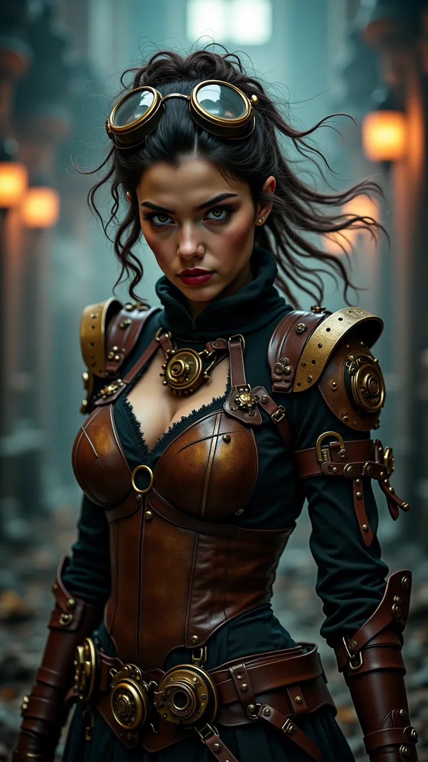 sassy steampunk female warrior in a dark fantasy realm. She exudes defiant confidence with a playful smirk and intense, captivating eyes. Her intricate armor is a fusion of brass gears, leather straps, and ornate mechanical embellishments, designed with a ...