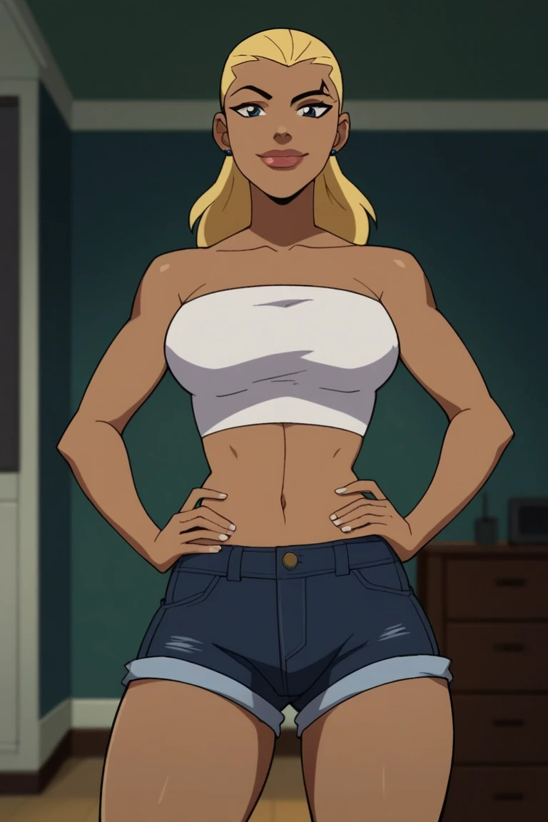 score_9, score_8_up, score_7_up, source_cartoon,artemis, blonde hair, long hair, big lips, dark skin, large breasts, white tube top, white jean shorts,  BREAK standing, smile, closed mouth, confident expression, looking at viewer, solo, front view, face fo...