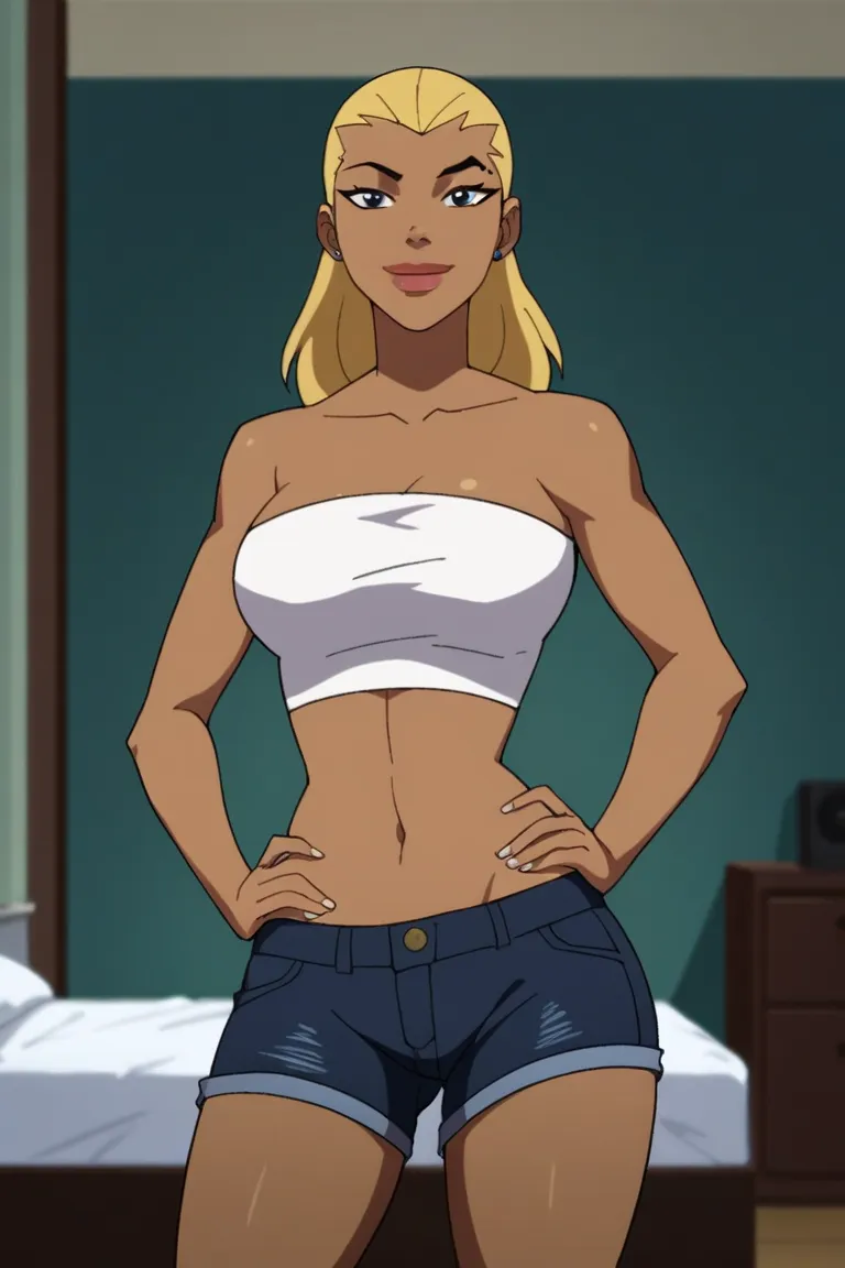 score_9, score_8_up, score_7_up, source_cartoon,artemis, blonde hair, long hair, big lips, dark skin, large breasts, white tube top, white jean shorts,  BREAK standing, smile, closed mouth, confident expression, looking at viewer, solo, front view, face fo...