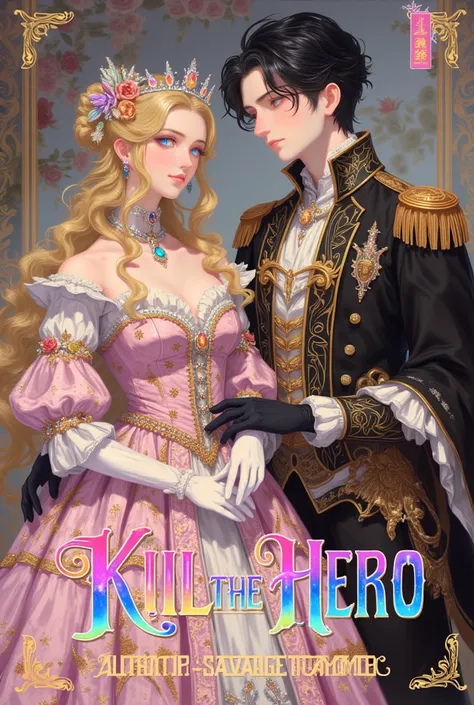 An otome book cover of a beautiful 17-year-old rainasances princess with blond hair beautiful blue eyes (she is a Korean villainess) ahe is wearing extravagant ball gown decorated with diamonds and beautiful gloves and beside her is a 18 years old duke wit...