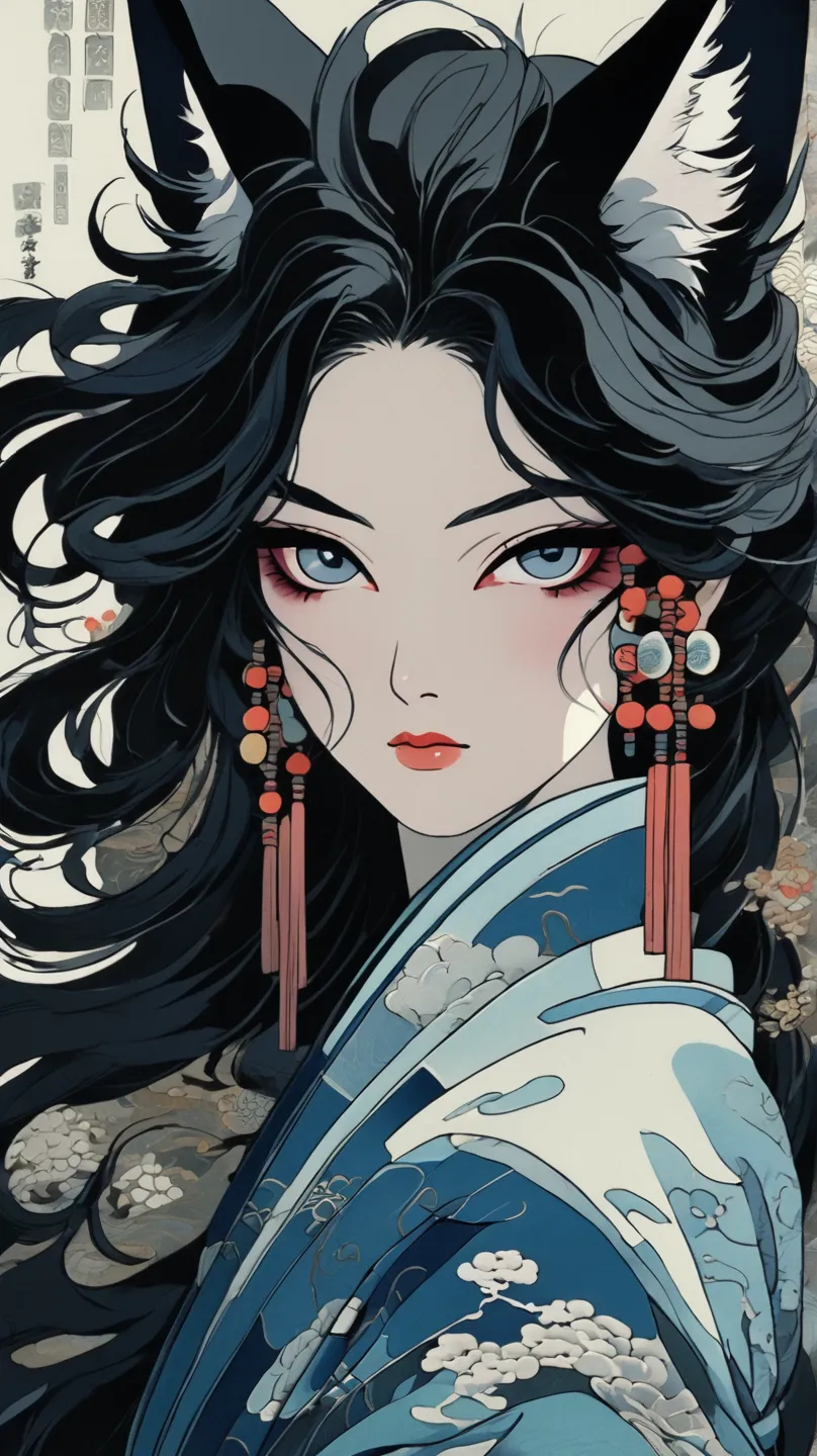 woman focus, solo woman, straight-on, curvy body, messy hair, black hair, fox ear fluff, slit pupils, dark-blue sclera, White eyes, shinto luxurious miko fashion, :3, rest, leaning at viewer, modern Japanese art, flat color, 1 fox,