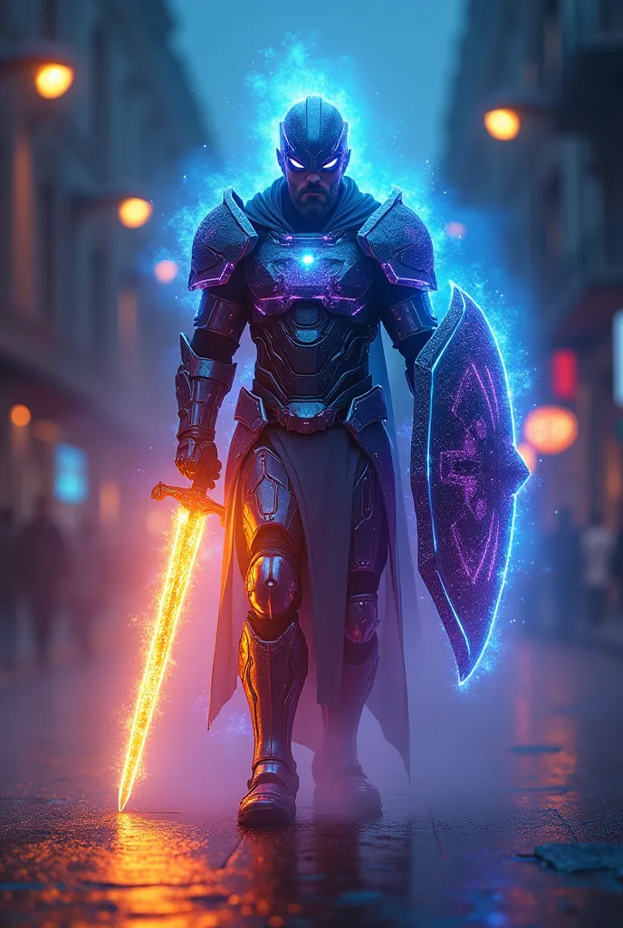 Full body shot of a male warrior wearing a hi tech, cibernetic, futuristic, blue, violet and orange mixed glowing plasma energy powerarmor, and his short beard glows trough the hi tech blue violet and orange mixed glowing plasma energy  Helmet, holding a g...