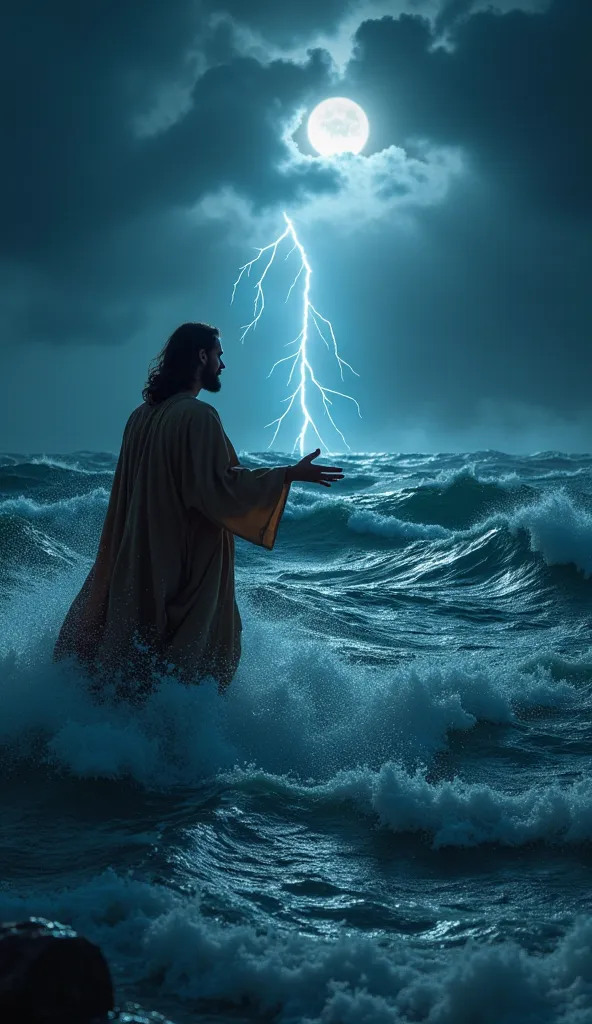 "A first-person perspective of me, as Peter, looking at Jesus walking on the stormy sea at night. Jesus is close, standing on the water with His hands extended to help me. His expression is calm and reassuring. The waves are rough and high, with dark, stor...