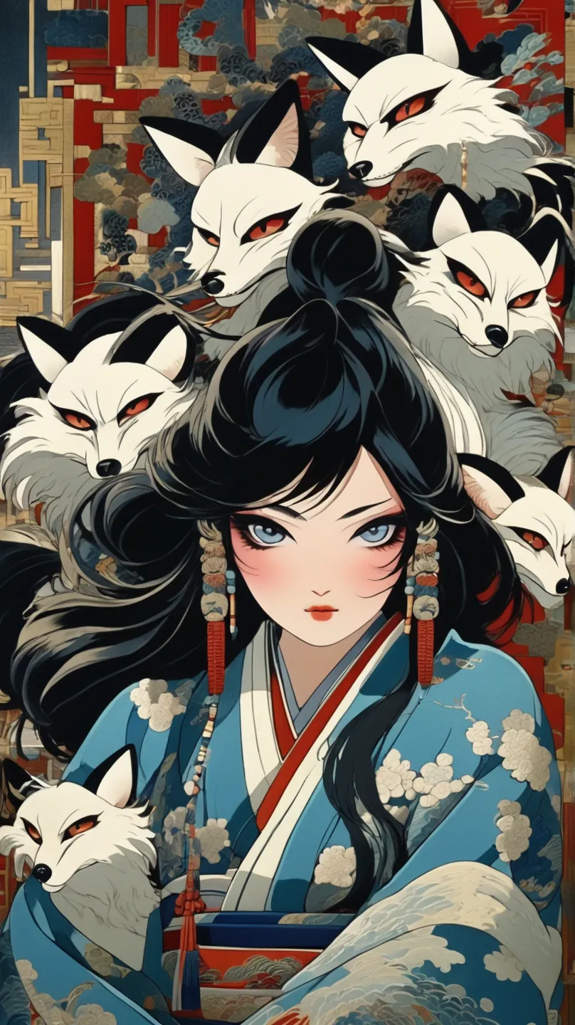 woman focus, solo woman, straight-on, curvy body, messy hair, black hair, fox ear fluff, slit pupils, dark-blue sclera, White eyes, shinto luxurious miko fashion, :3, rest, leaning at viewer, modern Japanese art, 1 fox,