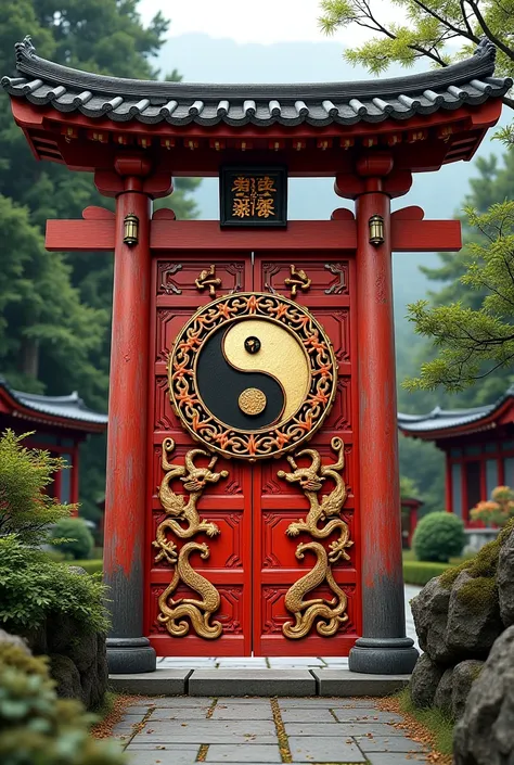 Porte sans poignée de temple japonais orné d'or et de couleurs rouge ayant un ying yang avec des dragon puis la porte sera de matière bois