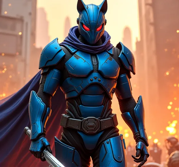 This character is a futuristic warrior with metallic blue armor that covers his entire body, giving him an imposing and technological appearance. His helmet has a feline design with pointed ears and a structure that covers his face, leaving an intimidating...