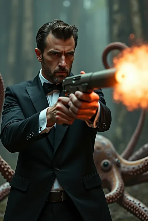 Stylish man in a black suit shooting an octopus to death with a missile