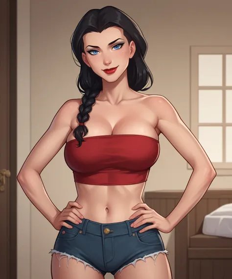 safe_pos, PonyXLV6_Scores BREAK ((parody style, parody), perfect anatomy, perfect eyes, cowboy shot), BREAK zatanna, black hair, waterfall braids, blue eyes, light red lipstick, black makeup, ((looking at viewer)), red velvet jean shorts, curvy, athletic, ...