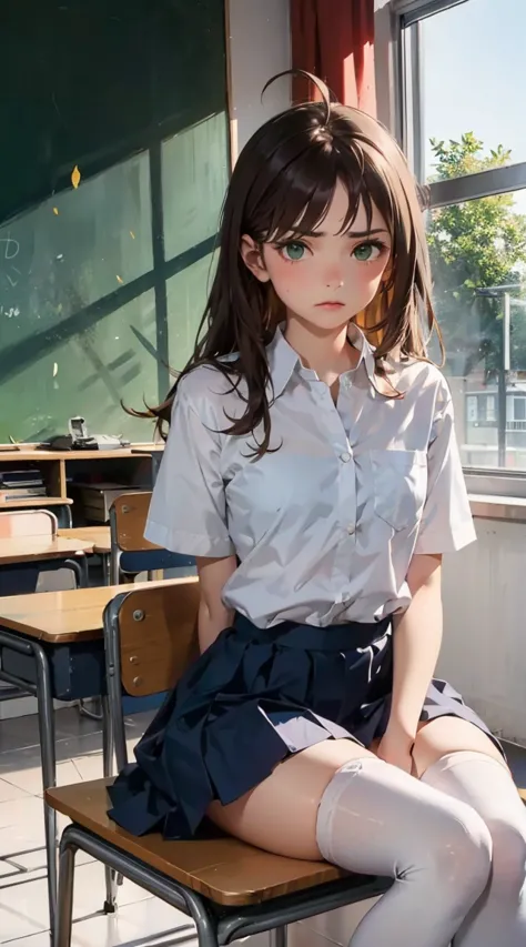 1girl, flat chest, smal sophia esteed, brown hair, long hair, green eyes, anger vein, disappointed, sad, in the classroom, blue school uniform, white legwear, white leghose, ahoge, looking at viewer,  