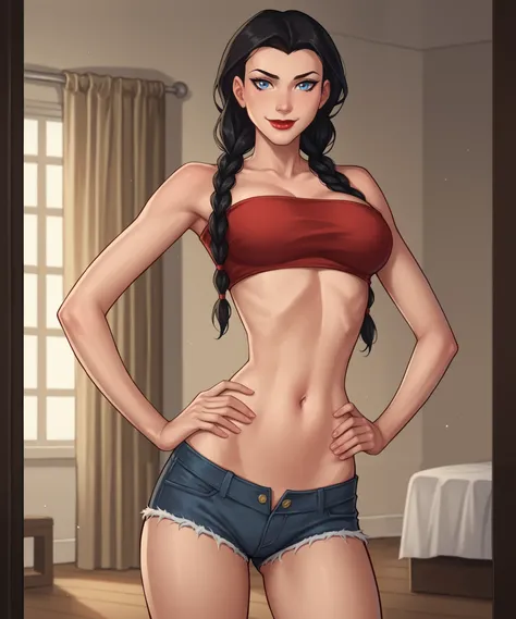 safe_pos, PonyXLV6_Scores BREAK ((parody style, parody), perfect anatomy, perfect eyes, cowboy shot), BREAK zatanna, black hair, waterfall braids, blue eyes, light red lipstick, black makeup, ((looking at viewer)), red velvet jean shorts, curvy, athletic, ...