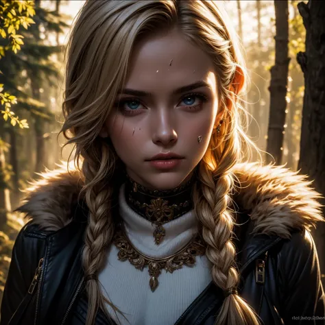 Strong sexy Nordic woman in Forest with hand ax, braided hair, blonde hair, dirt, black war paint, sweat, leather and fur,