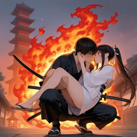 masterpiece, best quality, amazing quality,
1boy and 1girl, 1boy is japanese samurai, katana on hip, 1girl is japanese princess, face to face, Princess carry, japanese tower, (big fire:1.2), Landing, squatting

