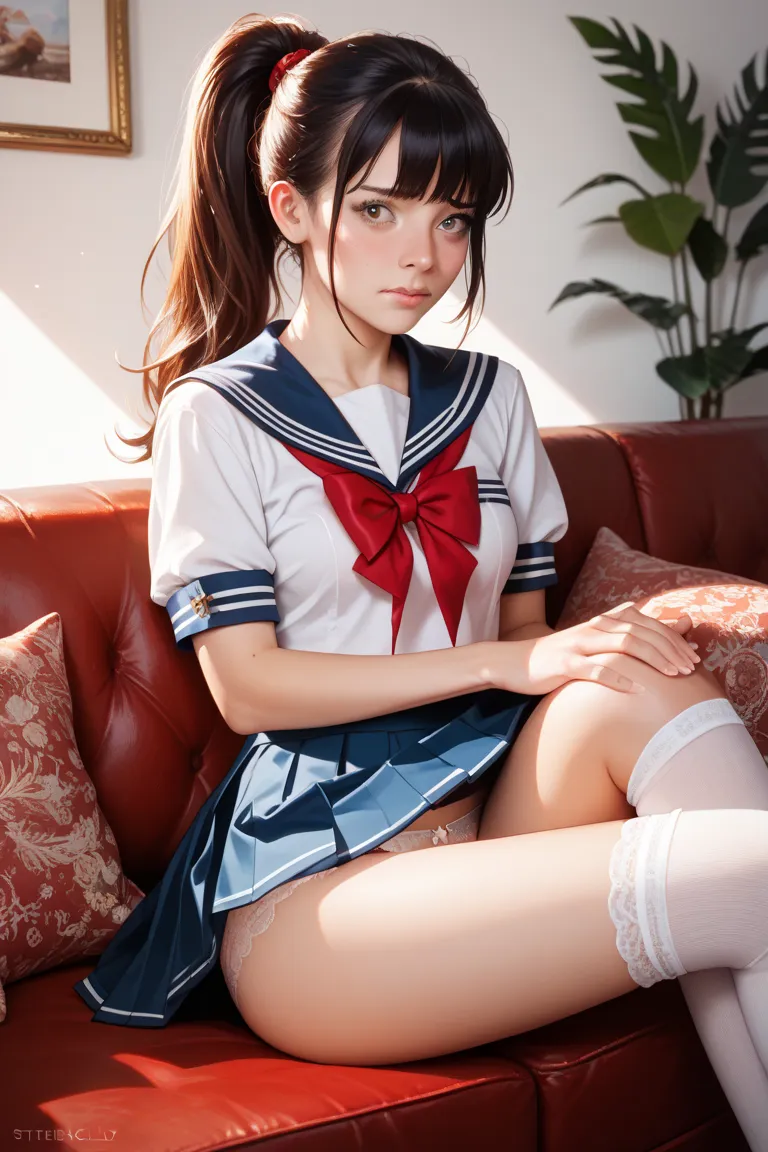  old in sailor suit。Sitting on a red sofa。Roll up your skirt and show off your white underwear。Embarrassing, flushed cheeks。white knee-high socks。ponytail