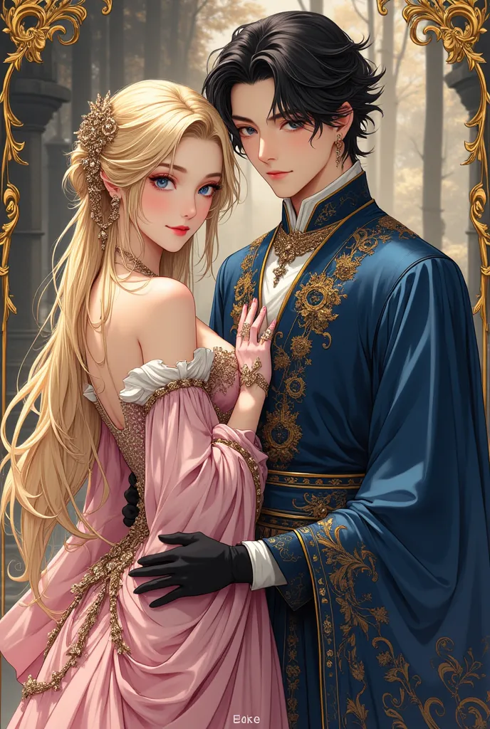 An otome book cover of a beautiful 17-year-old rainasances princess with blond hair beautiful blue eyes (she is a Korean villainess) ahe is wearing extravagant ball gown decorated with diamonds and beautiful gloves and beside her is a 18 years old duke wit...