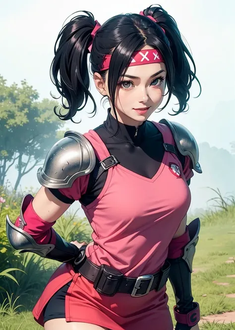 woman、 martial artist、fighting pose with a red stick、smiles、simple background、 upper body up、 Trained Biceps  、twin tails from above、pink combat uniform、pink skirt、black tights、(shoulder armor)、headband、 black hair、 elbow pads 