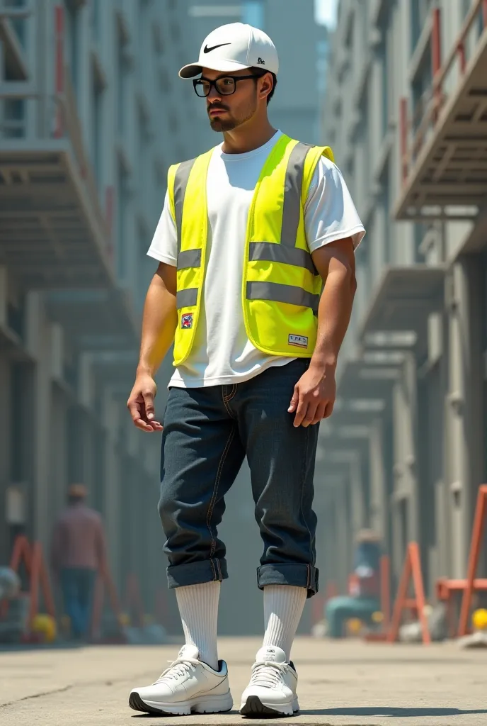 A man wearing a white Nike cap, a white t-shirt, a yellow reflective vest and white sneakers with tall white socks and black glasses.