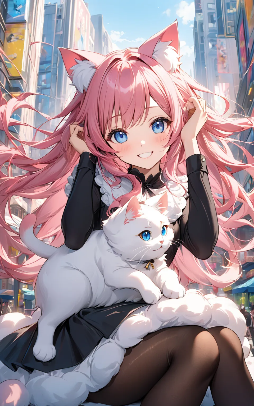 beautiful hands, black pantyhose, city, rise hands, super fluffy cat ears, 
very cute and beautiful girl, (Pink hair:1.2), blue eyes, long hair, beautiful lips, smile, pigtails, sitting