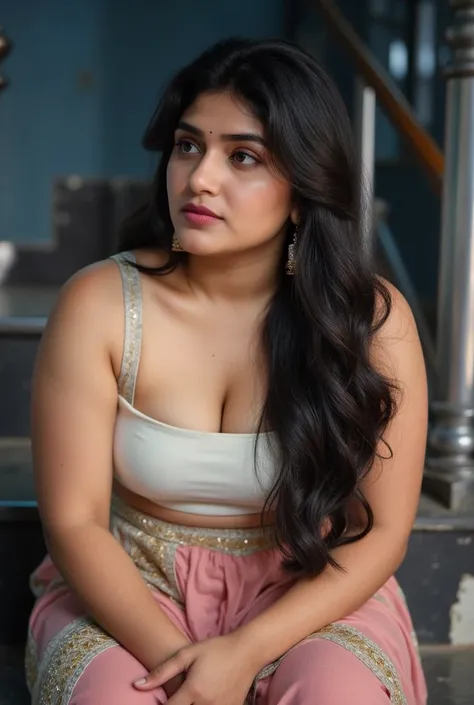 thick busty Indian woman, Krithi Ritika Singh Sanon, chubby cheeks, thick thighs, sitting, indoor staircase, strapless bandeau, sarong bottom, elegant, relaxed pose, neutral lighting, diffused light, soft shadows, cinematic, high detail, smooth skin, natur...