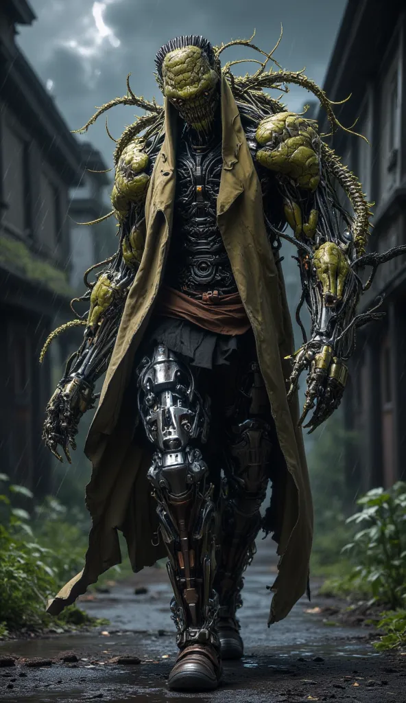 Hyper realistic image. High quality, 8K Ultra HD. Frankenstein corrupted by a mutant virus originating in ancient tubers, transforming him into a nightmarish bio-mechanical colossus. He is walking and limping on one leg. He is wearing torn old clothes and ...