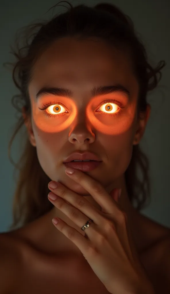 Man takes off mask, under her - face, glowing.