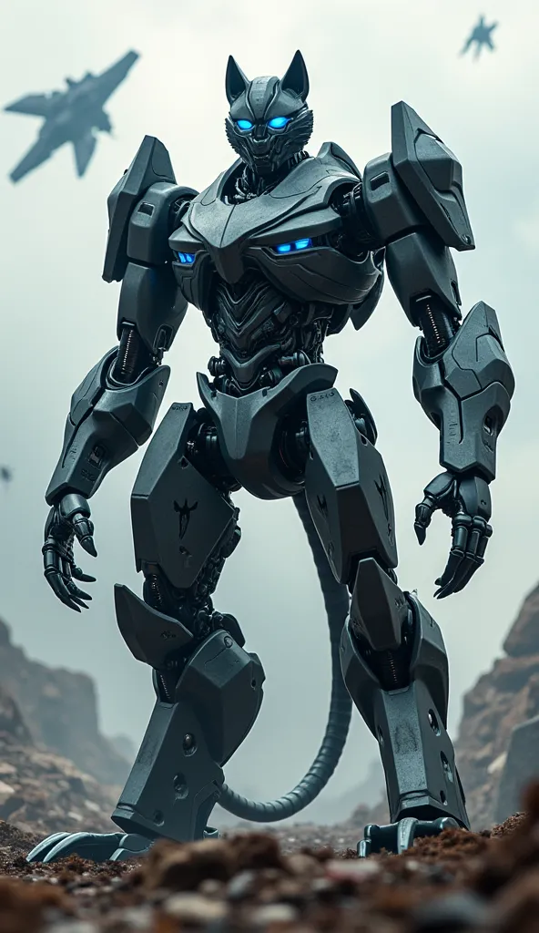 A towering robotic feline made of sleek metal plates and glowing blue circuits, standing in the ruins of a destroyed Cybertron battlefield. Its eyes shine like energon, and its claws extend into sharp steel blades. In the background, Decepticon warships lo...