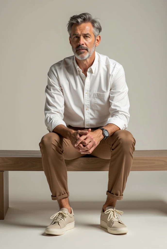 Man in medium brown pants white dress blouse and all-white sneakers