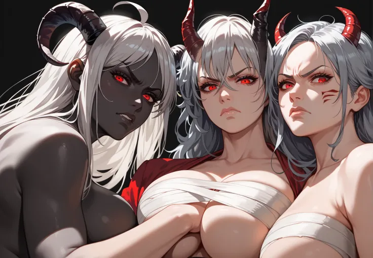  a girl, long hair, high resolution,  breasts,  Simple background , red eyes, mouth shut, Horns, from below,  silver hair marks, disheveled hair, big boobs, Serious, look, Annoying, Yandere,  black skin, devil, Horns,  musculosa, tsundere,  tomboy, mature ...