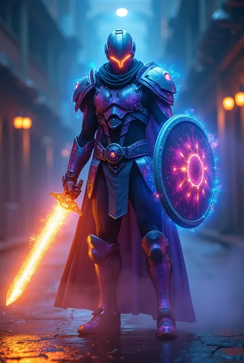 Full body shot of a male warrior wearing a hi tech, cibernetic, futuristic, blue, violet and orange mixed glowing plasma energy powerarmor, and his short beard glows trough the hi tech blue violet and orange mixed glowing plasma energy  Helmet, holding a g...