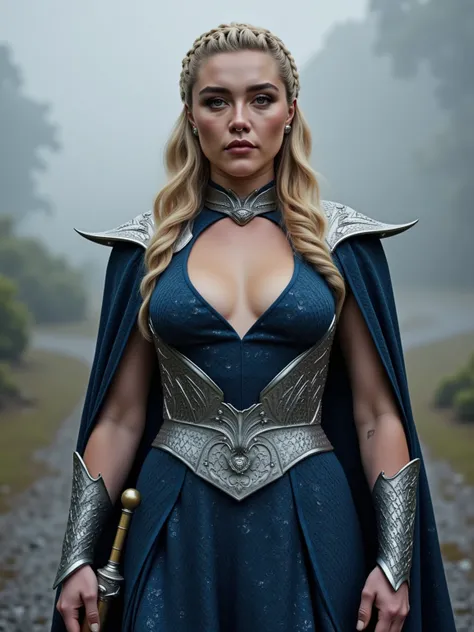 Florence Pugh reimagined as a majestic hot and gorgeous Norse goddess Saga walking and holding a dagger､1 female､ full figure, full body, cleavage, 

A serene yet formidable presence, radiating wisdom and quiet strength. Her shoulder-length golden-blonde h...