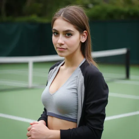 woman is on the tennis court. Has a tennis racket in hand style photorealistic,  sharp focus, very detailed,  Detail,  full body