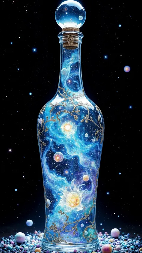  haute résolution photographique, UHD. Plan Large. 
A transparent magic bottle in which the universe is contained. 