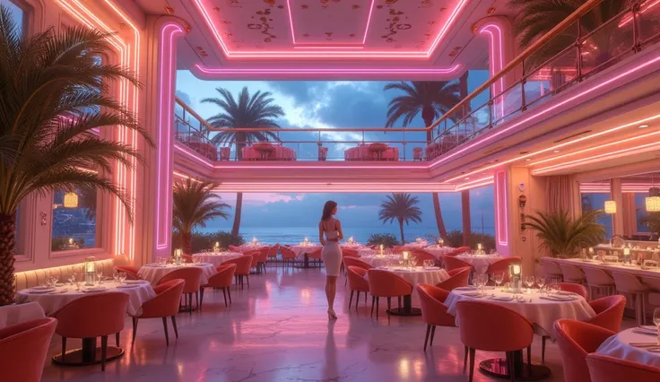 Elegant large restaurant with mezzanine in pastels colors ambience inspired by Denis Fremont, with a elegant woman in first plan, Denis Fremont masterpiece, in style of retro futurism, at night with with bayside and palms, cinematic lighting, high details,...