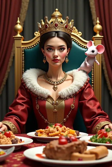 A cocky queen is sitting on a chair with a table with my food in front of her and behind her is a mouse in the shape of an anselin