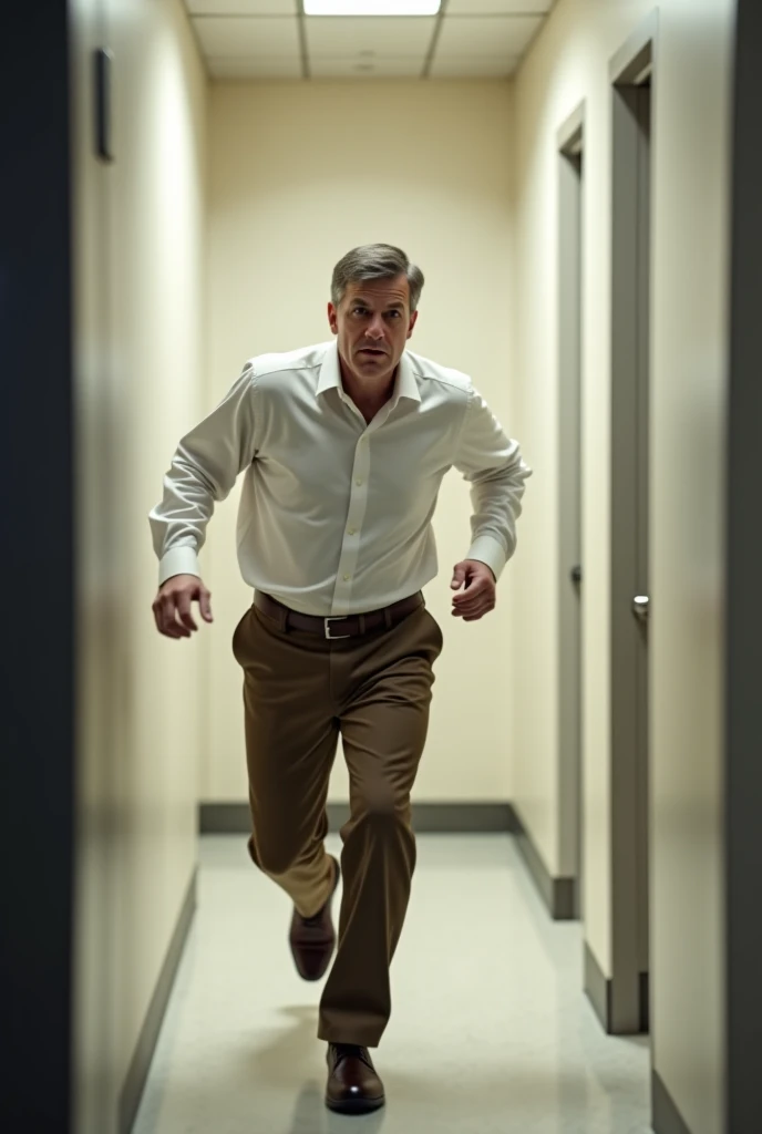 A men wearing a white shirt and brown pant running to washroom 