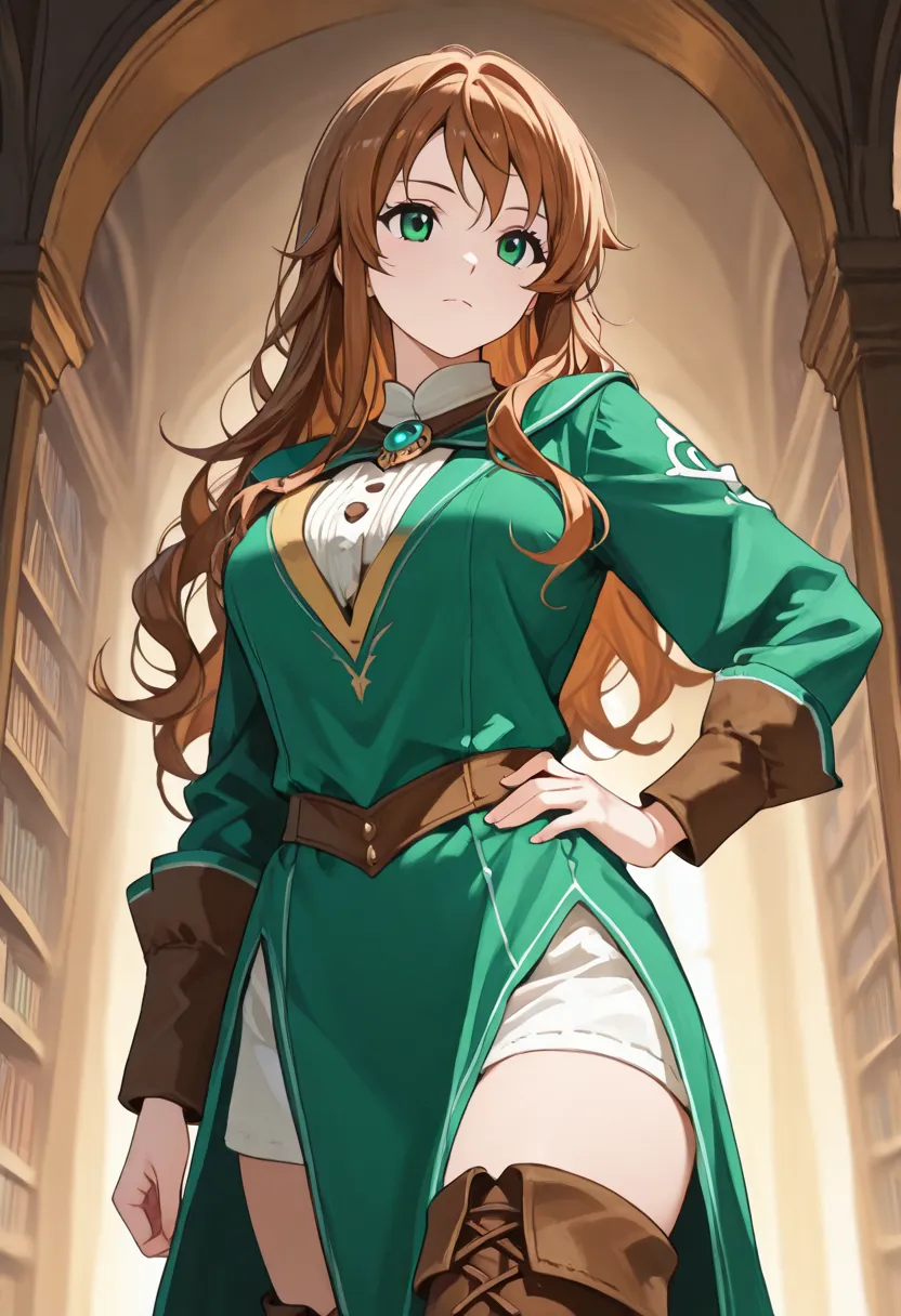 1 girl, ONLY one character, nami, wavy brown hair, long hair, green eyes, in a library, medieval magician, medieval noble, brown boots, thigh boots, green outfit, fantasy adventurer outfit, elegant, confident, expressionless, cowboy shot, perfect eyes, per...