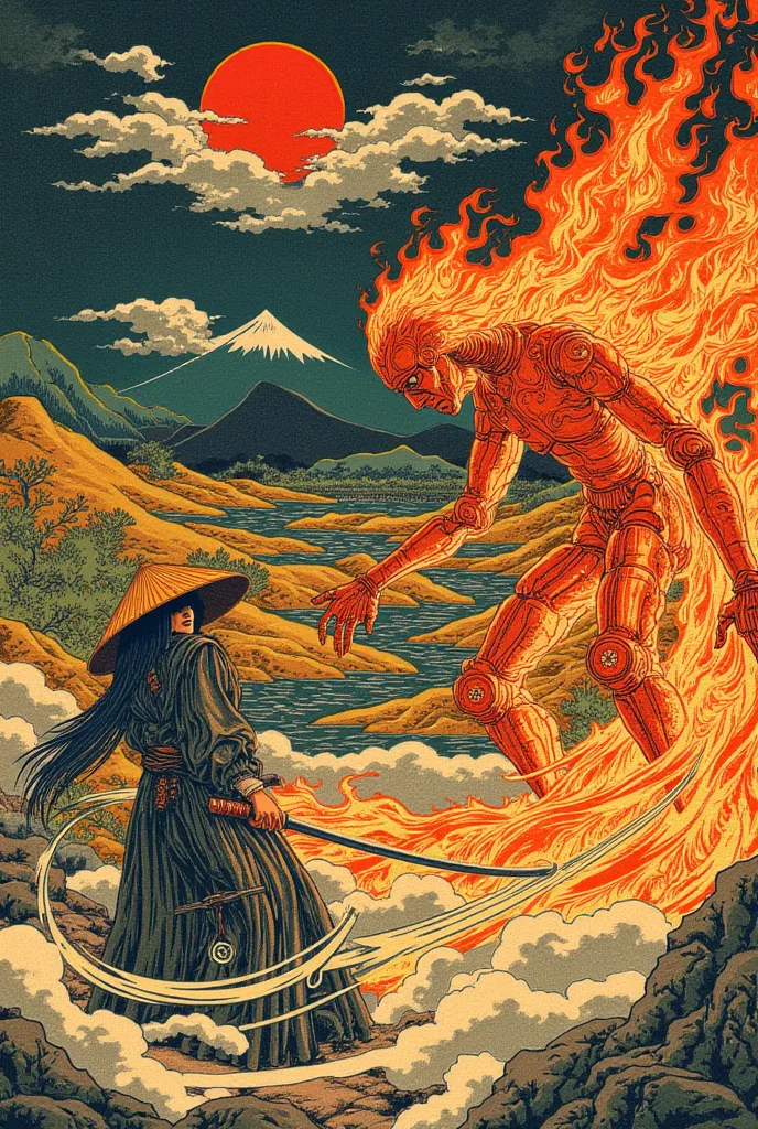 an ukiyo-e depiction of a flaming puppet fighting against a goddess unknown hooded strawhat swordwoman. both figures have japanese motif of curly cloud swirling on their body. 