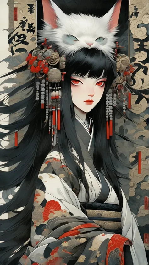 woman focus, solo woman, straight-on, curvy body, straight hair, black hair, fox ear fluff, slit pupils, White eyes, punk fashion, :3, rest, leaning at viewer, traditional Japanese art,