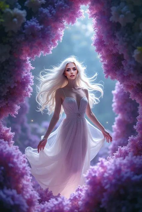 A beautiful Instagram model with long white hair and green eyes floats inside a giant amethyst geode, her body surrounded by swirling lights. Her presence feels like a goddess reborn, embodying pure power and healing energy.