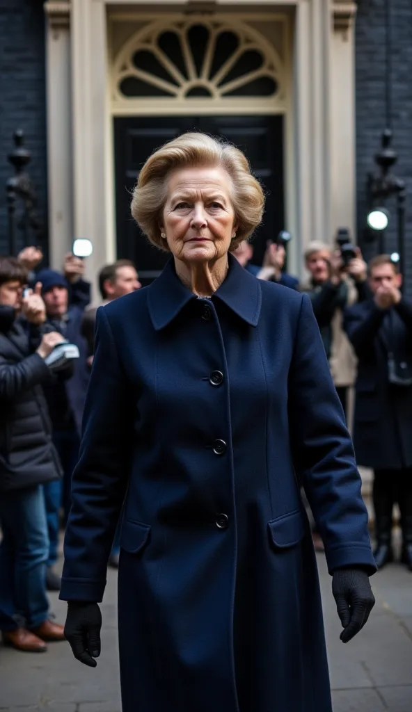 A historic scene from November 22, 1990, depicting Margaret Thatcher leaving Downing's Number 10 Street after her resignation as Prime Minister of the United Kingdom. She has a serious and reflective eye, wearing an elegant navy blue coat and holding an ic...