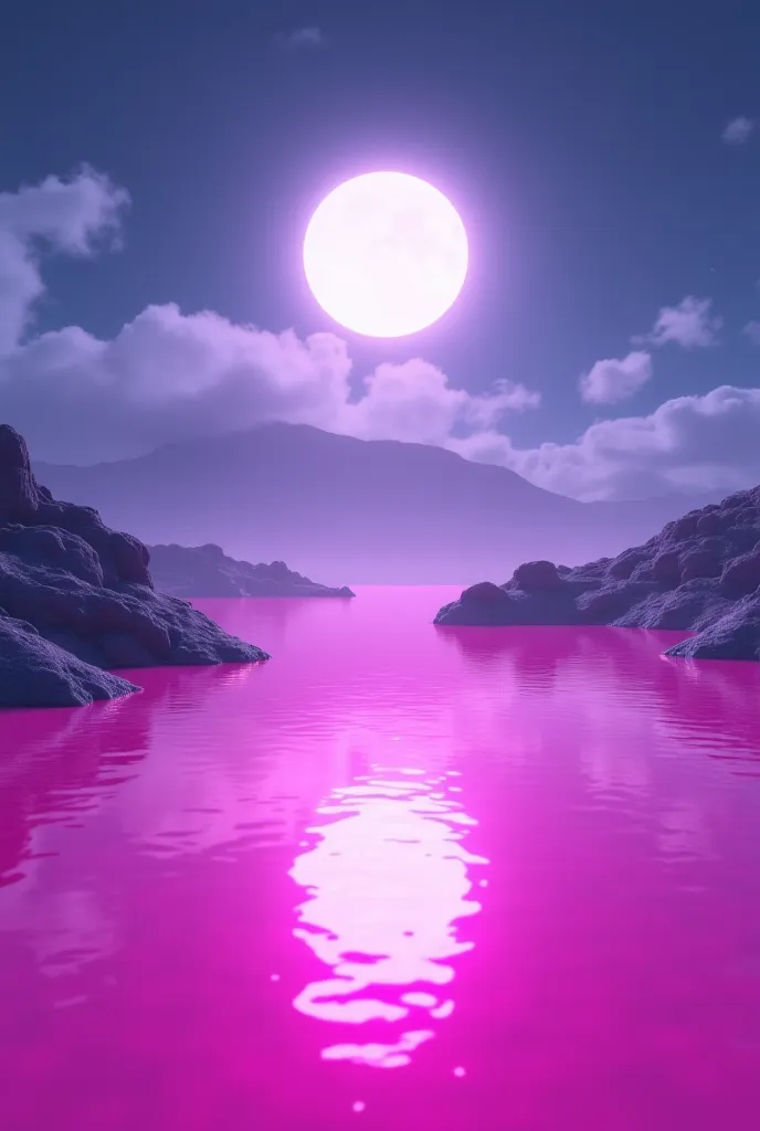 Pink lake with moon.