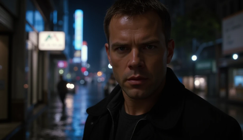 Prompt: Close-up shot of Matt Damon (Jason Bourne) standing in a rain-soaked alley at night. His face is tense, breathing heavy, as neon signs flicker behind him. Shaky handheld camera to create a sense of paranoia.
