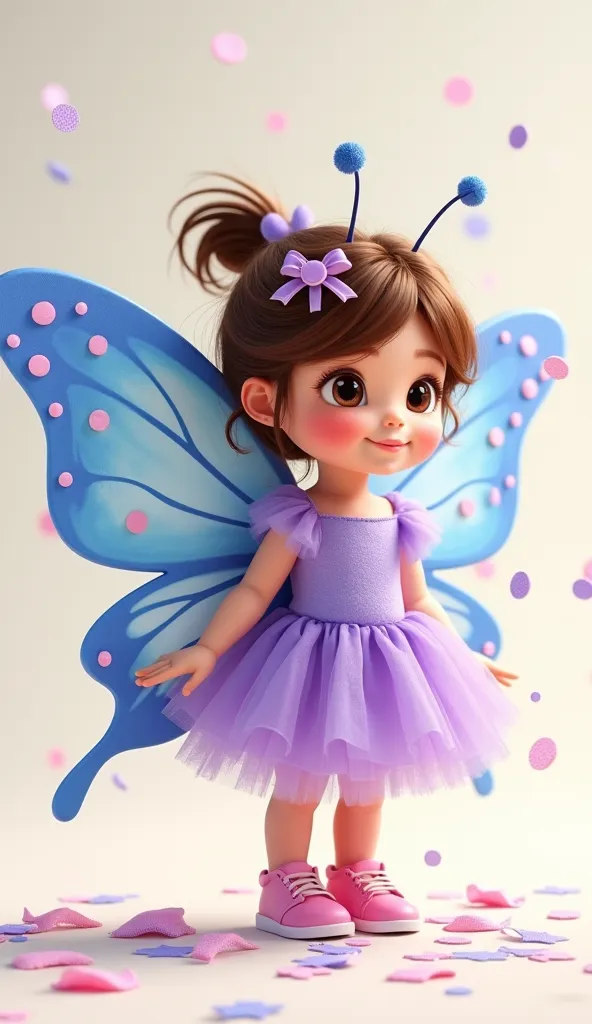 A beautiful  girl, brown hair tied in a small ponytail, brown eyes,  fair skin, wearing a butterfly costume, with wings in shades of blue and lilac, Lilas tulle dress with a bow in her hair with small antennas, pink sneakers, She's throwing a bunch of Pixa...