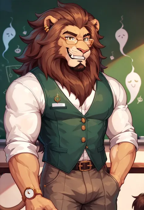 Cornelius is a middle-aged medium anthro muscular brown and tawny lion with a ponytail, feline, male, lion, furry, does not have a lion's mane, big lion man, male, stud, perfect lion face, eyesgod, brown eyes, confident smile, perfect hands, 5 fingers, no ...