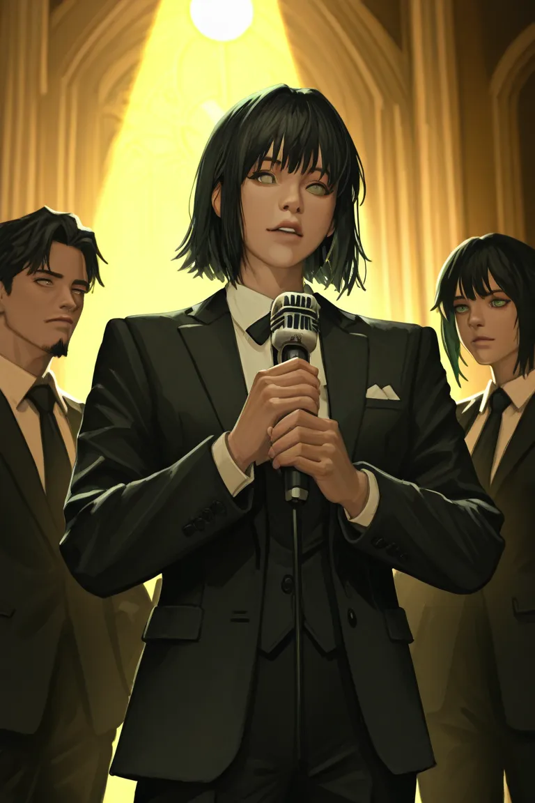 Solo Man, short black hair, light green eyes, black suit, Evangelical church, young, goatee, standing, bible, microphone in hand, Stage, Calm expression, 