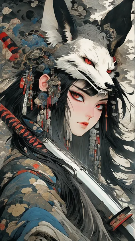 woman focus, solo woman, cool beauty, straight-on, curvy body, messy hair, black hair, fox ear fluff, slit pupils, White eyes, punk fashion, :3, rest, leaning at viewer, traditional Japanese art,