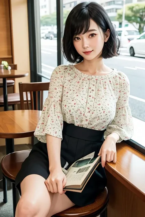 (High Definition), Lady, Japan Person, Cute, Black Hair Short, wearing Floral Dot Print Round Neck Short Bubble Sleeve Blouse, Flair Long Skirt Solid Color,Trad Style For Female,  Glance, Straddling Chair, Open Legs, At Hotel Classic Cafe, A Cup of Coffee ...