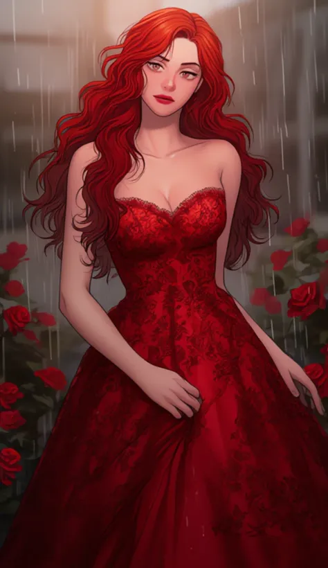 ((best quality, 8k,  with red hair ,  with blue eyes, brunette , Red lace maxi dress standing in the rain around roses , Highly detailed face and skin texture, detailed eyes,  double cap . attractive eyes, ( masterpiece), (portrait shot),  front shot , Bac...