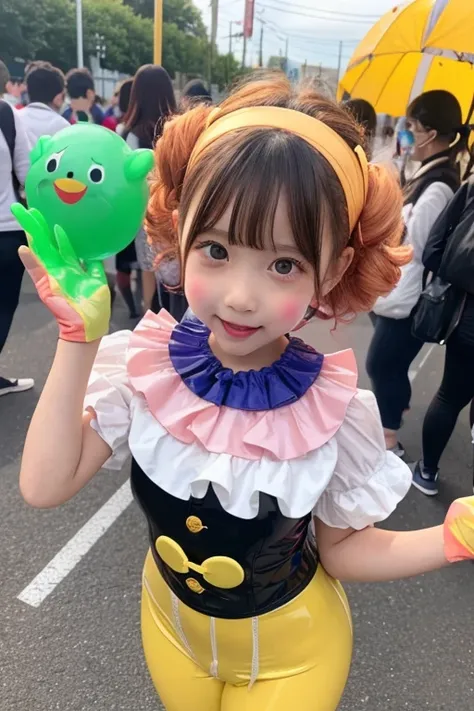 Actual photo　Clown　Kindergarten girl　　 slime monsterized 　　Multiple people　ピエロ少女がサーカステント内でMultiple peopleの女の子と握手をする。The girls who shook hands are like shiny yellow rubber suits々 turning into a clown girl 　 Japanese