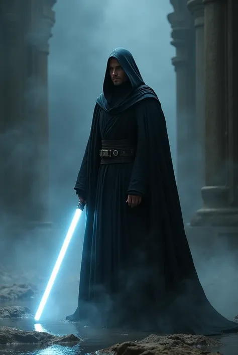 a white lightsaber jedi with dark robes